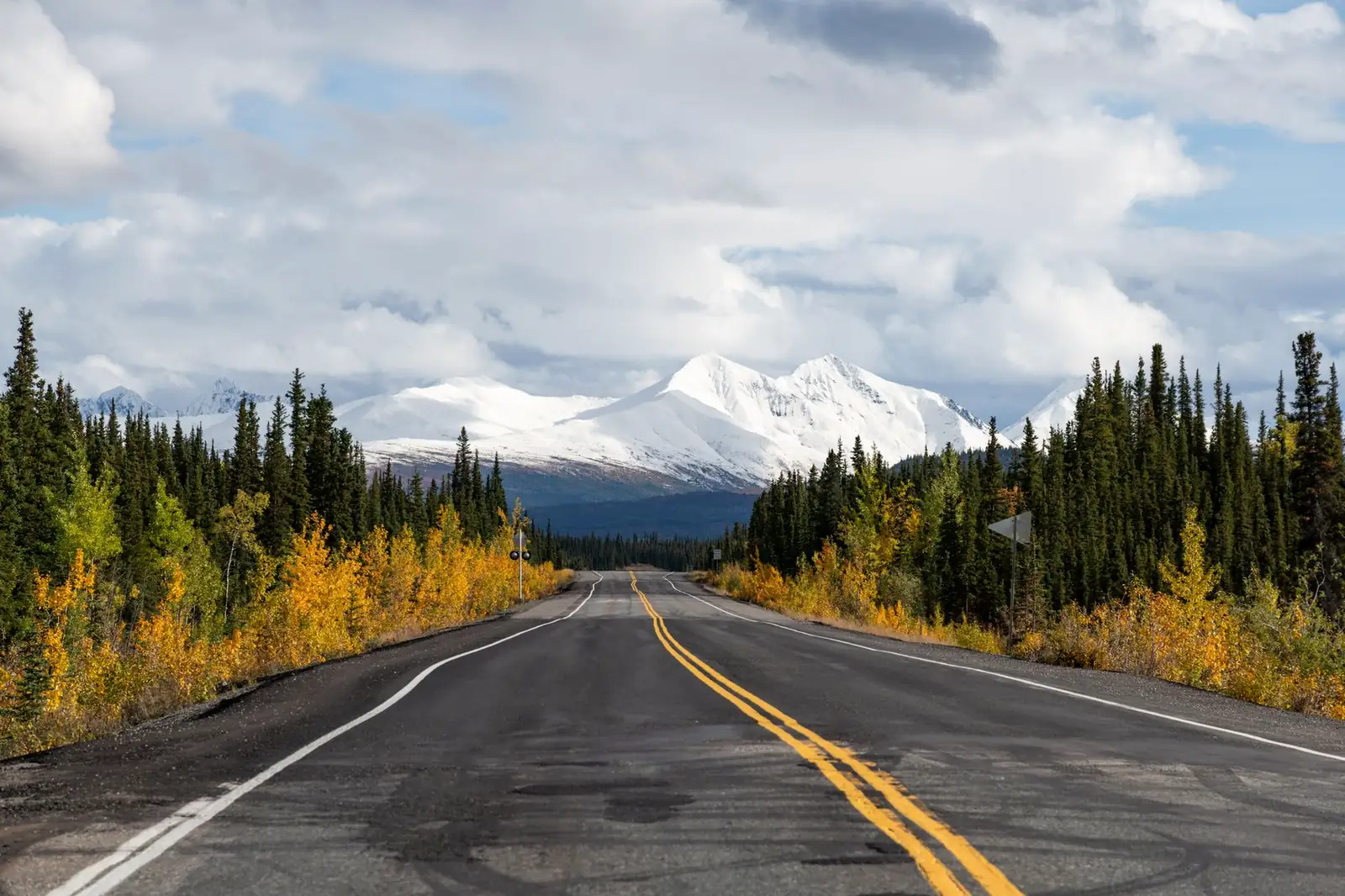 Paved two-lane Alaska Highway curving toward snow-capped peaks through golden autumn boreal forest