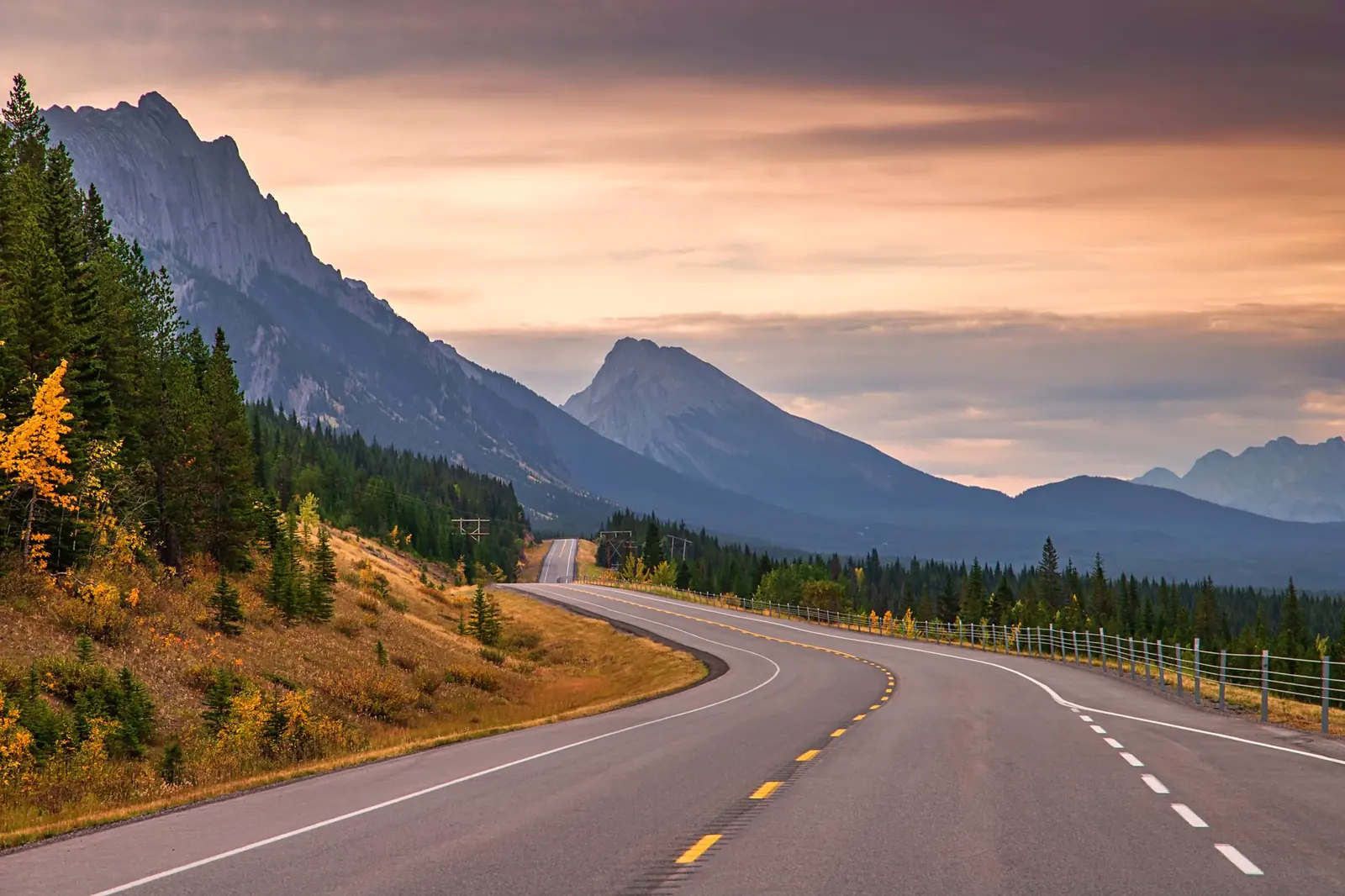 Two-lane highway winding through spruce forest toward jagged mountain peaks at dusk