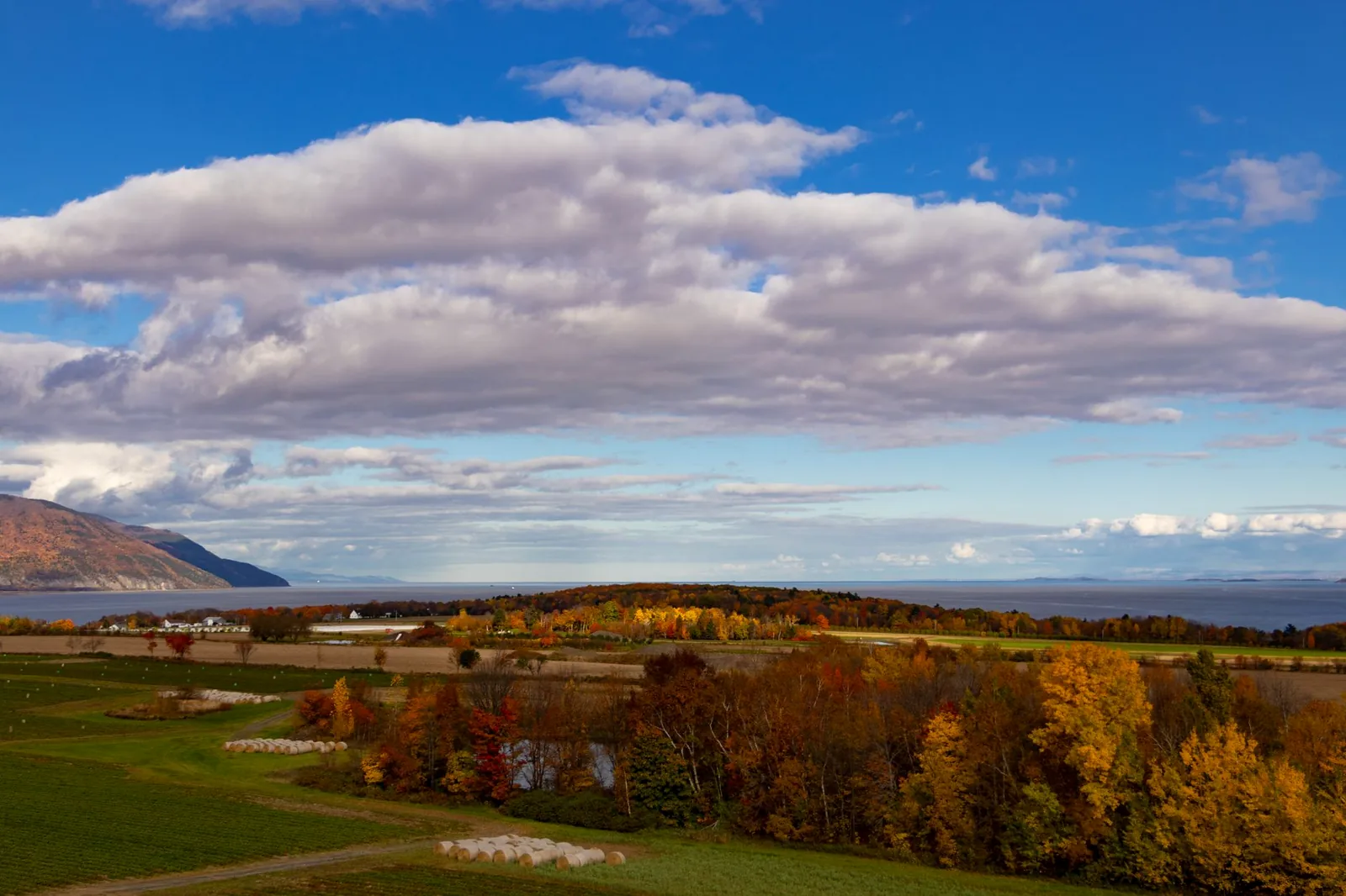 A forested mountain ridge dropping directly into a wide St. Lawrence-like estuary, with autumn color along the shoreline