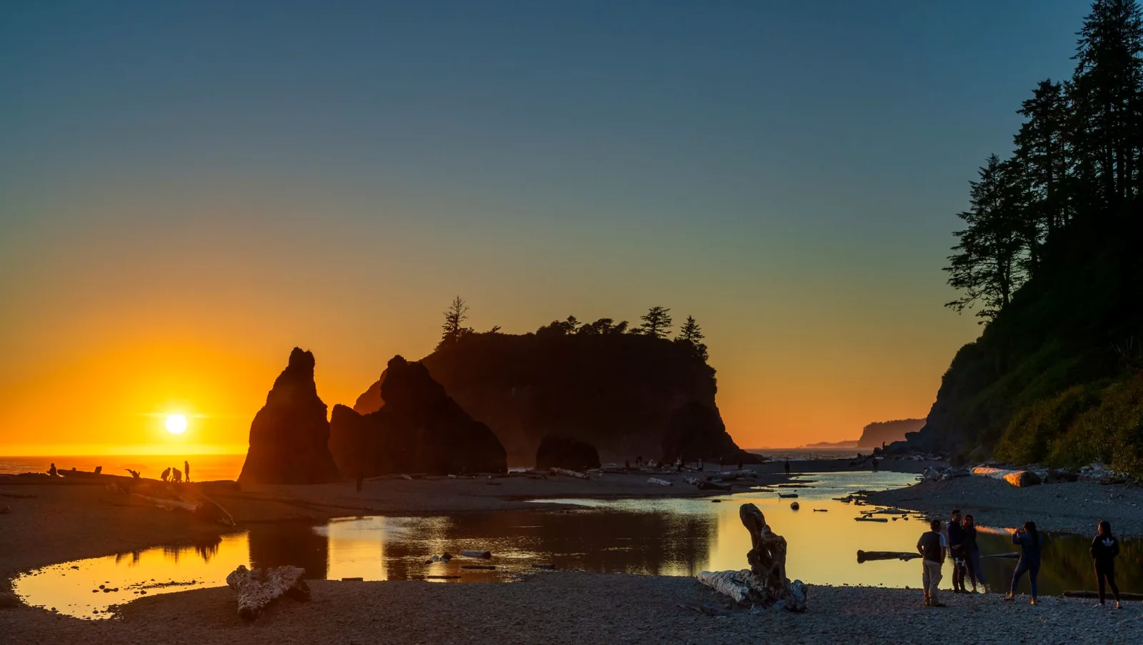 Silhouetted sea stacks and driftwood at sunset on Ruby Beach, with a tide pool reflecting the sky